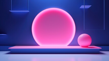 Empty neon Podium Display, illuminated light blue and pink color isolated Background. AI generated