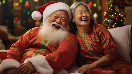 Fototapeta na wymiar Cheerful couple with santa hat sitting on sofa with christmas decoration.