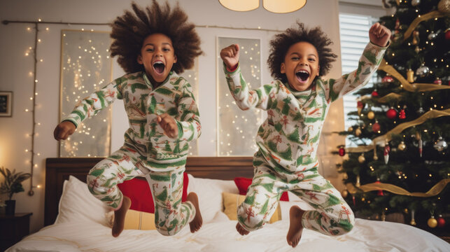 Christmas morning excitement: Happy siblings, dressed in cozy pajamas, leap with delight as they celebrate the magic of the season.