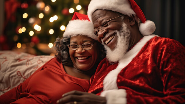 Happy african american senior couple in santa hats sitting on sofa at home. Bokeh lights background. - Powered by Adobe