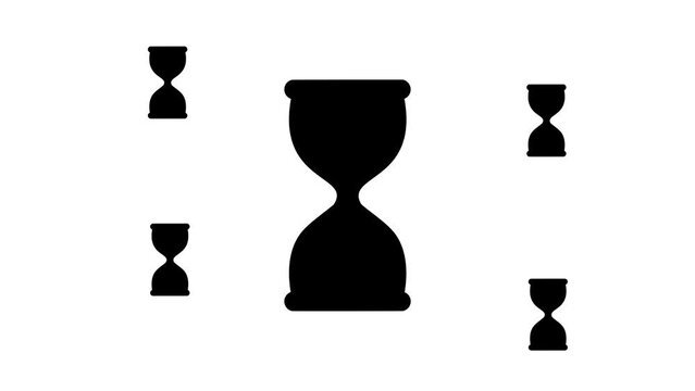 Zoom in and out animation the hourglass symbol. Large black symbol in the center and four small symbols around. Seamless looped 4k animation on white background