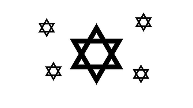 Zoom in and out animation the star of David symbol. Large black symbol in the center and four small symbols around. Seamless looped 4k animation on white background