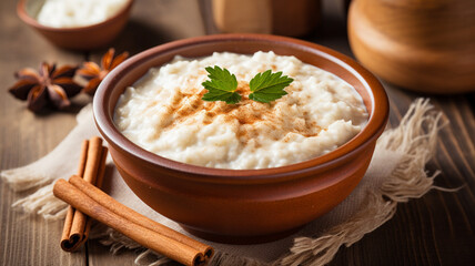 traditional russian christmas soup with cottage cheese and spices in a bowl on a wooden table.