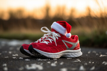 New years resolution running shoe with a santa claus hat. Healthy lifestyle, new year challenge - obrazy, fototapety, plakaty