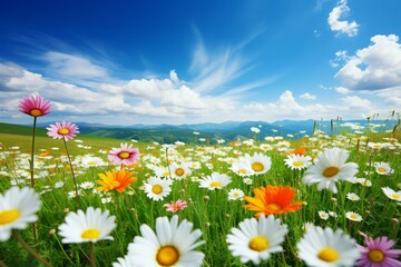 Colorful daisies decorate a green field in the summertime. Generative AI