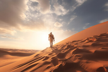 Fototapeta na wymiar man walking in the desert with sand dunes