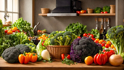 Various vegetables in the kitchen background
