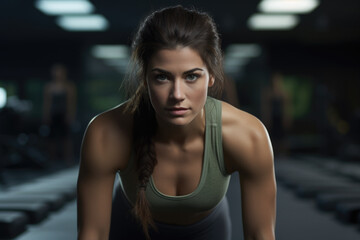 Fototapeta premium Beautiful young woman in gym setting. This picture can be used to showcase fitness, health, and exercise concepts.
