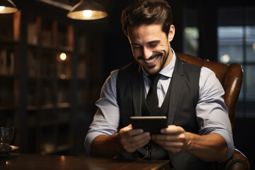 Man sitting at table, focused on his cell phone. Suitable for technology, communication, and modern lifestyle concepts.