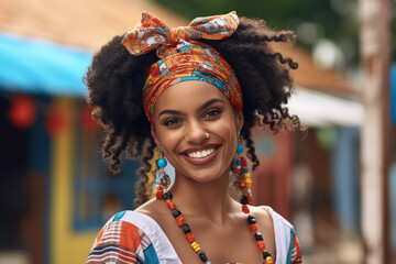 Woman wearing vibrant head scarf smiles warmly. This image can be used to depict diversity, happiness, cultural traditions, or positive emotions.