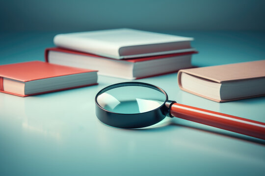 Magnifying glass sitting on top of pile of books. This image can be used to represent research, studying, or knowledge. Great for educational materials, book covers, or articles about learning.