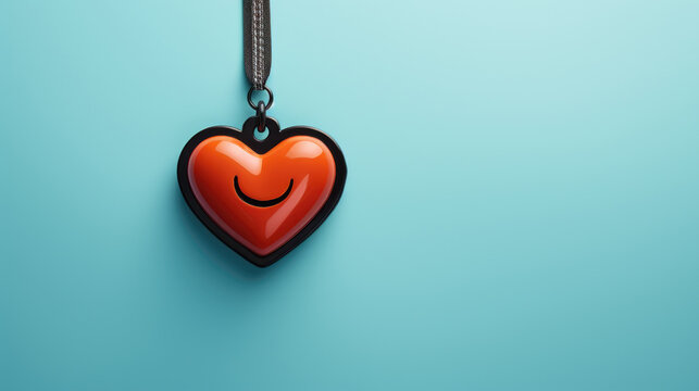 Red heart with smiley face is hanging on blue wall. This image can be used to convey love, happiness, or positivity in various projects.