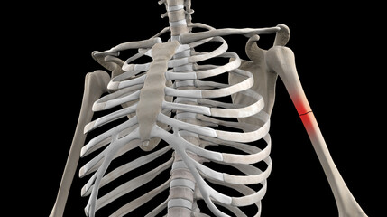 3D medical illustration of human skeleton with broken humerus