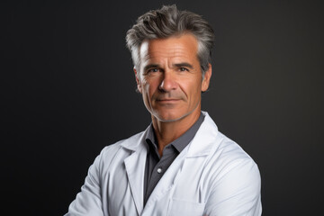 Obraz premium Man wearing lab coat poses for professional picture. This image can be used in scientific publications or educational materials.