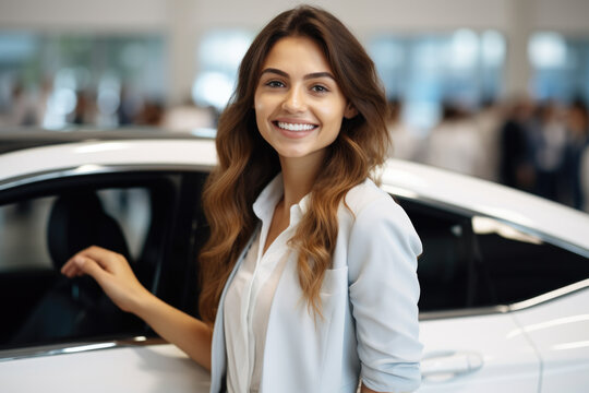 Woman standing next to car in showroom. This image can be used to showcase new car model or for advertising purposes.
