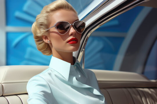 Woman is sitting in car wearing sunglasses. This picture can be used to depict stylish and confident woman driving or traveling in car.
