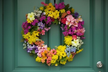 Fototapeta na wymiar Colorful spring wreath on door. Generative AI