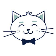 Kawaii lovely sweet cute head of cat with eyes closed isolated on white background
