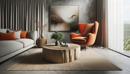 Wooden stump coffee table in the center, offset by a burnt orange fabric wing chair on its right side