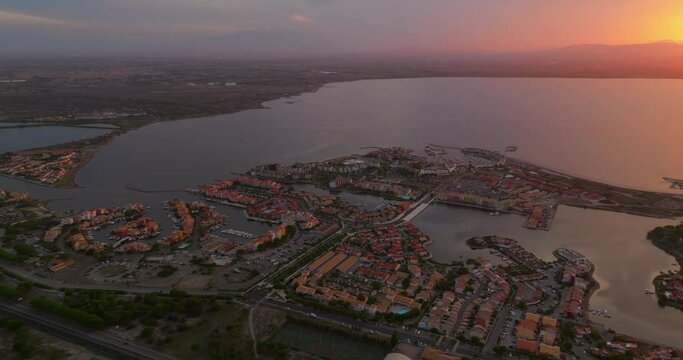 Drone view of the Leucate tourist spot on the Mediterranean Sea, southern France, in summer, during the height of the tourist season. A place for families with children