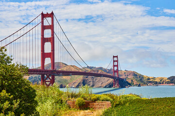 Brick wall with plants all around with gorgeous view of Golden Gate Bridge on sunny day