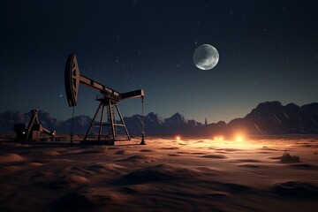 Moonlit night with oil pumpjack extracting oil from the ground in a sandy desert. Industrial concept of fuel production in a rich oil field. Generative AI