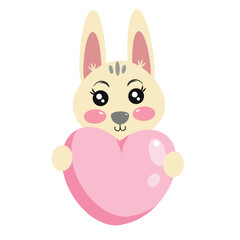 Cute kawaii cartoon bunny, rabbit and hare holding a heart sign