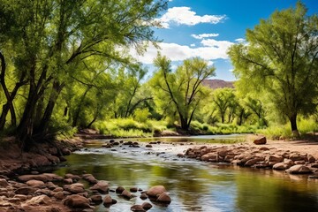 Scenic view of Arizona's forest by the Verde River near North Sycamore Creek. Generative AI