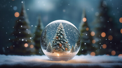 Christmas tree in a glass ball on snow. Tinsel lights. Peaceful atmosphere.