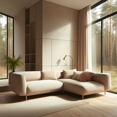 Beige corner sofa against of big windows. Minimalist interior design of modern living room in country house in forest