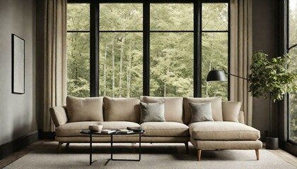 Beige corner sofa against of big windows. Minimalist interior design of modern living room in country house in forest