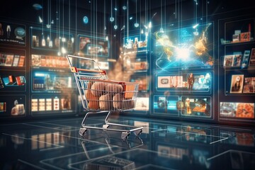 Shopping cart with groceries in front of a computer screen, 3d rendering, online shopping concept, online market, E-commerce Revolution