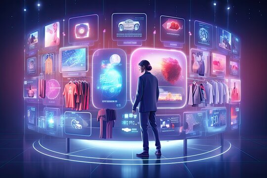 Futuristic Digital Shopping Concept, Rear View Of Corporate Woman Looking At Digital Screen With Shopping Products, E-commerce Revolution, Modern Technology