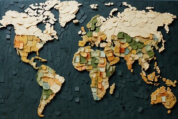 World map made of broken paper on a black background, World of Currencies, colorful creative world map, world communication and trade concept
