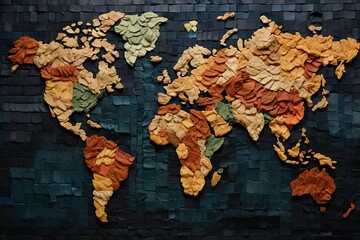world map made of colorful paper on brick wall background, concept of global communication, world trade communication