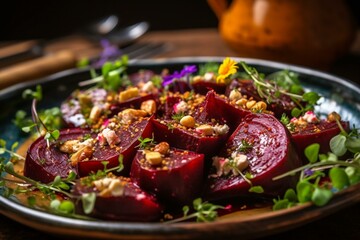 A dish made with roasted beets served in a salad. Generative AI