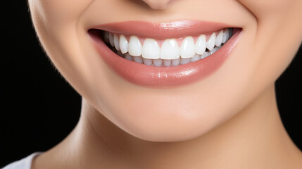 Fototapeta premium Perfect smile close-up, white teeth and healthy oral care, dental beauty of young woman in studio background, dentistry and whitening concept