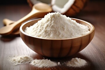 Fototapeta na wymiar Coconut flour in wooden bowl with scoop. Generative AI
