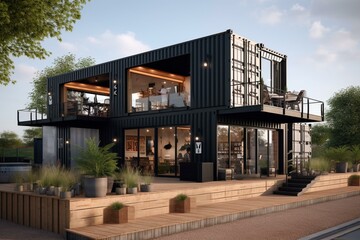 Versatile shipping container transformed into a modern, sustainable space for restaurant, office or house, featuring minimalistic design. Generative AI