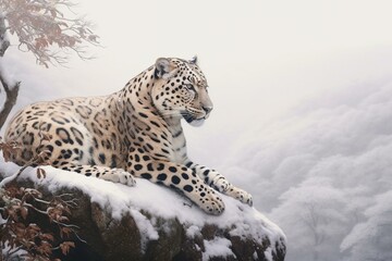 Leopard resting atop snowy peak. Generative AI