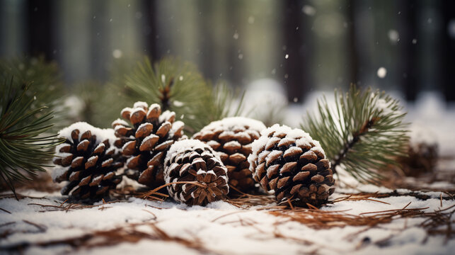 Szyszki sosnowe na śniegu w trakcie zimy