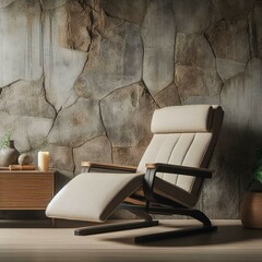 Beige fabric lounge recliner chair against stone cladding wall. Rustic minimalist home interior design of modern living room