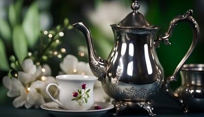 Silver tea kettle and white porclean cup with flowers and bokeh background. 