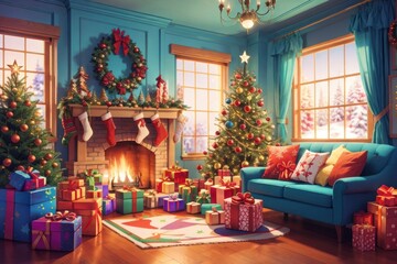 Colorful illustration of the interior of a Christmas home with gifts, Christmas decorations. A place where the Christmas atmosphere is in the air.