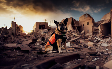 A search and rescue dog in earthquake debris