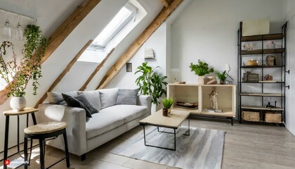 Fototapeta premium Corner sofa against shelving unit, scandinavian home interior design of modern living room in attic in farmhouse