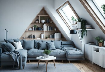 Corner sofa against shelving unit, scandinavian home interior design of modern living room in attic in farmhouse - obrazy, fototapety, plakaty