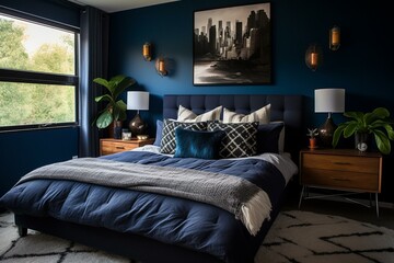 Modern indigo bedroom. Generative AI