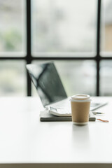 Office desk workspace, nobody, no people, minimalist design, empty workstations ready to fuel creativity. Ideal for today’s professionals. Dive into productivity in style.