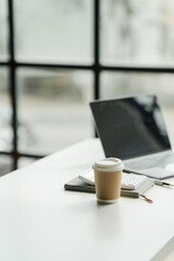 Office desk workspace, nobody, no people, minimalist design, empty workstations ready to fuel creativity. Ideal for today’s professionals. Dive into productivity in style.